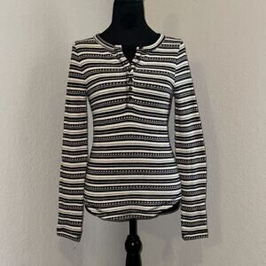 Lucky Brand Chloe Stripe Thermal Henley Shirt Women's Small Black White Pullover